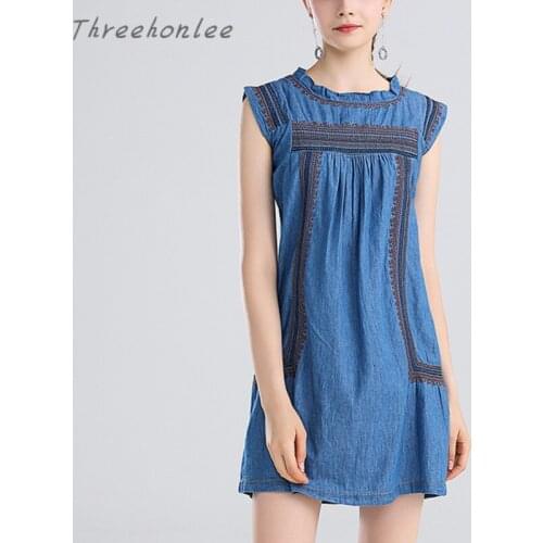 2021 Fashion Temperament Denim Dress Embroidery National Style Sleeveless Cross Stitch Loose Denim Dress Jumpsuit