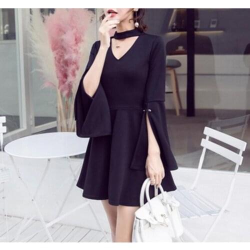 Fashion lady Black dress small fragrance split fork sleeve V-neck mini A word solid color thin exquisite elegant office big hip