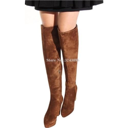 Fashion Brown Suede Chunky Heel Platform Long Boots Women New Thick Heel Over the Knee Boots Ladies Large Size Warm Winter Shoes
