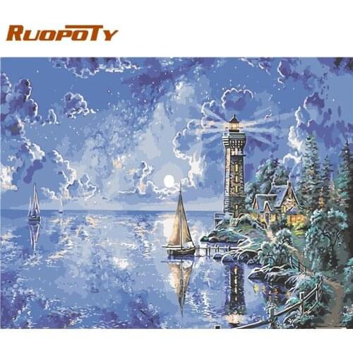 RUOPOTY 40x50 Framed Picture By Numbers Kits For Adults Children Lighthouse Boat Landscape Oil Paint By Number Home Wall Decors