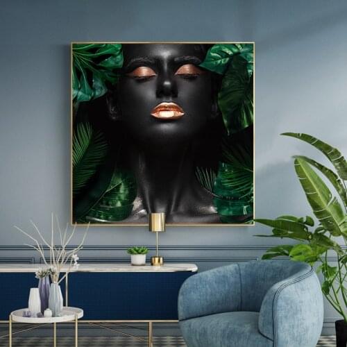 Black Women Green Leaf Wall Art Canvas Painting Sexy Girl Poster Print Cuadros Wall Art for Living Room Home Decor (No Frame)
