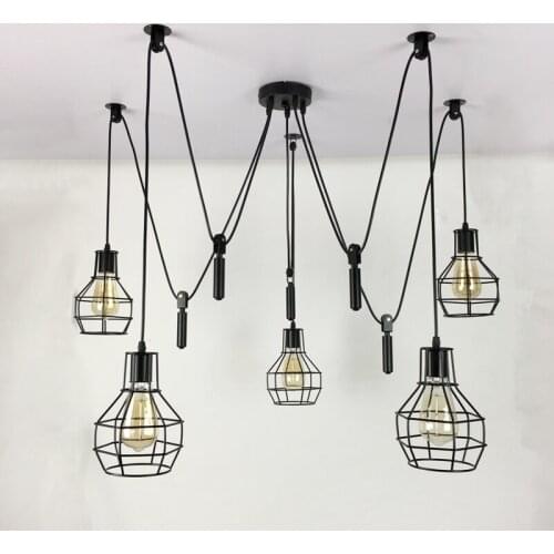 Nordic retro industrial wind chandelier bar cafe wrought iron cage creative lifting pulley chandelier