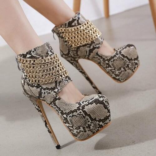 The New Fashion Gladiator Women Shoes High Heel Serpentine Chain Cutout Zip Party Sexy Thin Heels Round Toe 17cmHigh Heels Shoes