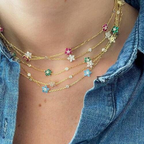 2021 New Design Women Girl Wedding Jewelry Minimal Delicate Cute Lovely Flower Charm Rainbow Colorful CZ Choker Chain Necklace