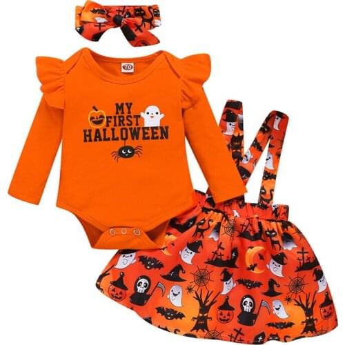Baby Girl Halloween Orange Outfit Fashion Festive Clothing Newborn Autumn Clothes Set Bodysuit+Suspender Skirt+Headband Suit