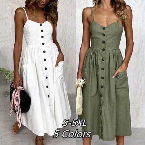 Summer Women Dress Sexy Backless Solid Spaghetti Strap Beach Sundress Casual Button Pocket Sleeveless Female Dress Plus Size