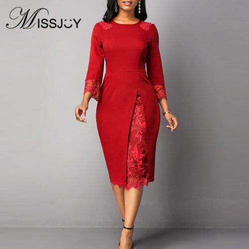 MISSJOY Solid Color Plus Size Dresses Women Embroidery Patchwork Three Quarter Sleeves Lace 2019 Autumn Party Red Elegant O-Neck