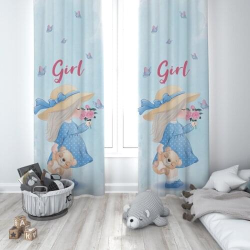 Curtains Children 3D Printed Decorative Items Home Childrens Room Light Blue Hat Girl Bear Flower Model 213
