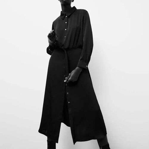 High quality ladies thick black dress knotted silk satin texture dress temperament fashion long dress