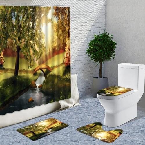 Green Forest Lake Moon Shower Curtain 4-Piece Set 3D Night Sky Landscape Bedroom Wall Decor Bathroom Curtain Flannel Rug Doormat