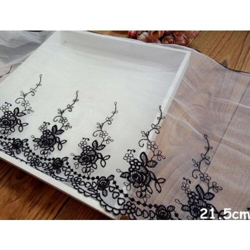 1 Meter 21.5cm Width Handmade DIY Clothing Accessories White Backing Black Flower Embroidery Lace Fabric Lace Trim