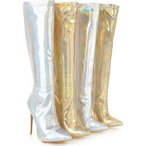 2021 Autumn Winter Colored Patent Leather Women Boots Pointed Toe Stiletto Knee High Boots Fashion Zipper All-Match Long Boots