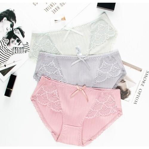 Wasteheart Women Fashion Cotton Lace Bow Low Waist Sexy Panties Underwear Lingerie Briefs 3 Piece 3 Color Underpants Lovely