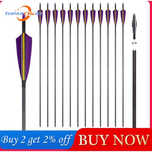 32 inches Archery Pure Carbon Arrows ID 6.2mm Spine 400 4" Turkey Feather Arrows for Compound Recurve Bow Hunting