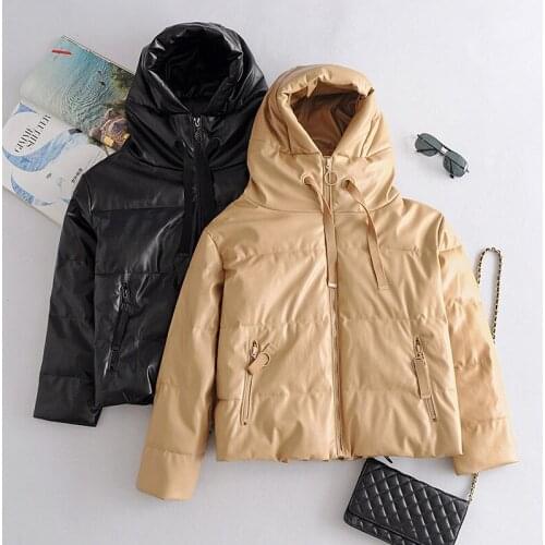 Ailegogo Winter Women Faux Leather Padded Hooded Coat Thick Warm PU Jacket Loose Oversized Parkas Casual Windbreak Outwear