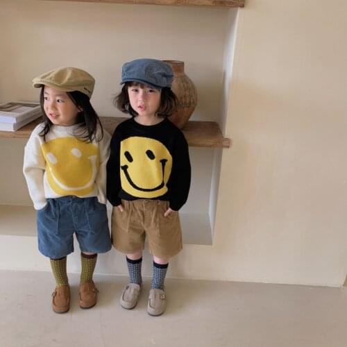 Childrens Sweaters for Girls and Boys 2021 Spring New Cartoon Smiling Face T-shirt Cute Long Sleeve Top 2-7Y Kids Sweaters