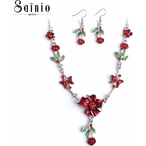 Sainio Elegant Necklace & Earring Jewelry Set Women Crystal Flower Pendant Necklace Drop Earring Set Women Wedding Party Jewelry
