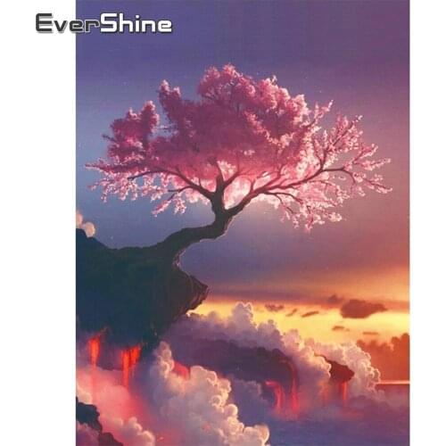 EverShine Diamond Embroidery Sakura Cross Stitch Diamond Painting Sunset Mosaic Kits Decor For Home Full Square Drill Landscape