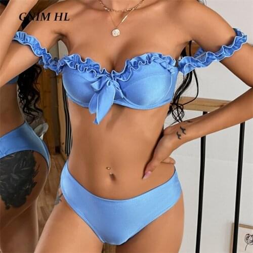 GNIM Sexy Ruffle Swimwear Women Push Up Bow Bikini Set 2021 Summer Solid Swimsuit Female 2 Pieces Beachwear Halter Bathing Suit