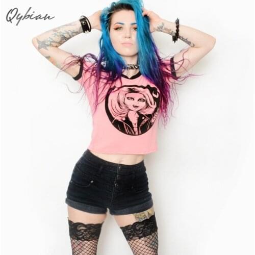 Hip-hop Style Elastic Crop Top Women Cartoon Print tank tops Short sleeve Tee Harajuku T Shirt Women