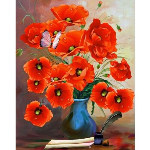 JMINE Div 5D Red Poppy Flower Butterfly Full Diamond Painting cross stitch kits art High Quality Floral 3D paint by diamonds