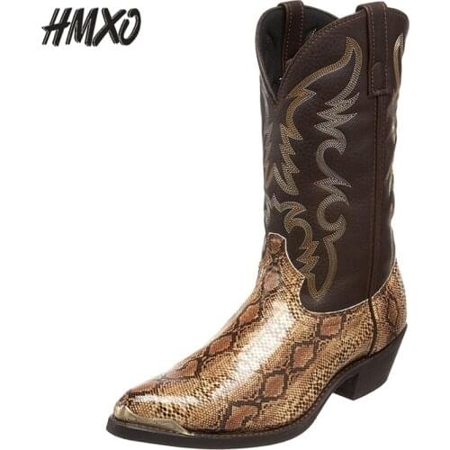 HMXO Pointed Western Cowboy Boots High-heeled Mens Boots Snake Print Trend Stitching Mid-tube Boots Mens Casual Leather Shoes