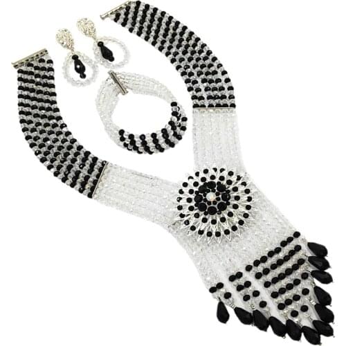 Beautiful black and clear ab crystal tassel necklace nigerian wedding african beads jewelry set 6SDLS-01