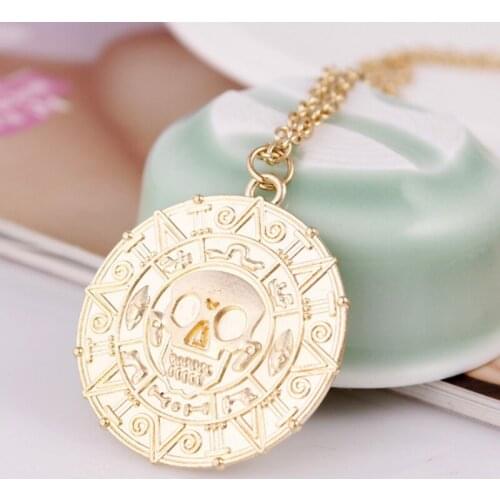 Round Pirates-Caribbean Necklace Jack-Sparrow Aztec Coin Skull Necklaces For Men Women Gifts