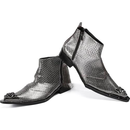 Fashion Silver Plus Size Men Boots Genuine Leather Metal Pointed Toe Men Shoes New Spring Autumn Geomeric Botas Hombre Zipper