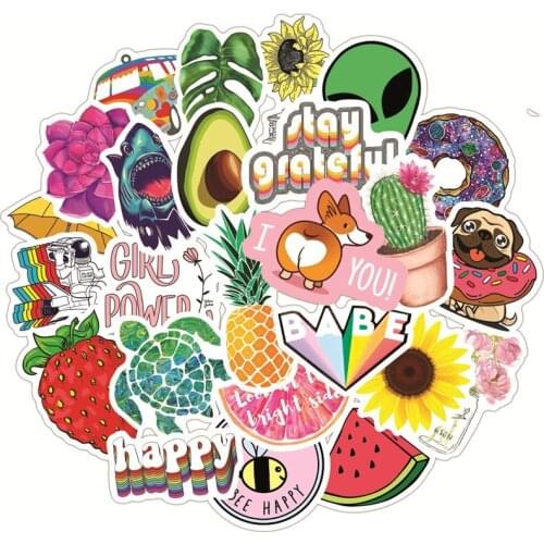 50Pcs Kawaii Flower Fruit Cartoon Sticker Laptop Luggage Guitar Skateboard Fresh Waterproof Decal DIY Computer Stickers