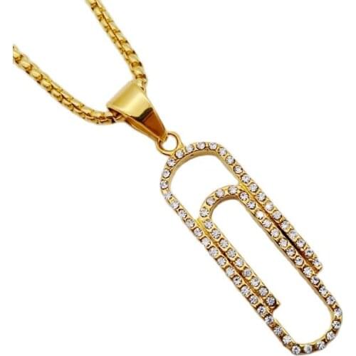 New stylish Gold color paper clip shape necklace womens mens 316L stainless steel Bling Bling clip charm necklace