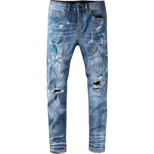 New mens male 2020 summer street fashion brand tie-dye ripped jeans trendy stretch slim fit trousers denim pants