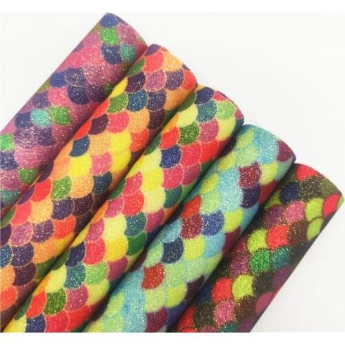 Mermaid Fish Scales Printed Glitter Vinyl Fabric Sheet Synthetic Leather Faux Vinil For Bows Earrings DIY A4 SIZE GM4064A