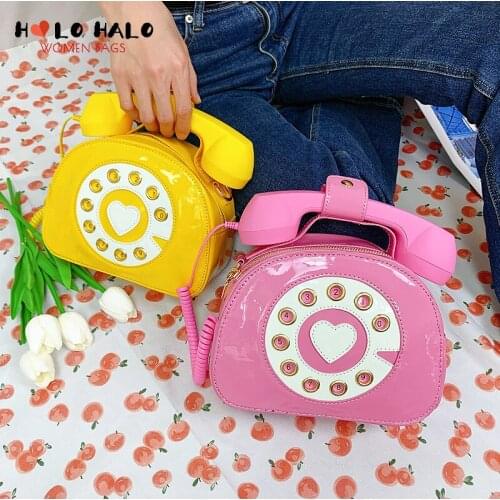 Cute Patent Leather Telephone Shaped Shoulder Bag for Women 2021 Novel Purses and Handbags Crossbody Bag Girls Top-Handle Bag