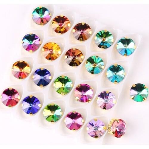 Rivoli round shape Gold claw settings Rainbow & Jelly candy AB colors glass Crystal 8mm 10mm Sew on rhinestone applique diy trim