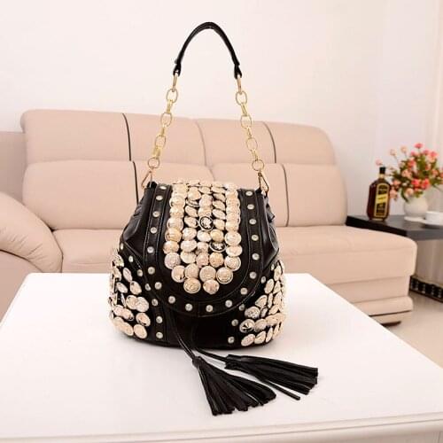 New Women PU Cross-body Fashion Bag Female Korean-style Waterproof Rivet Button Bucket Backpack Shoulder Bag Diamond Travel Bag