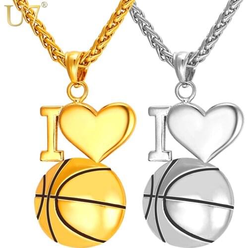 U7 I Love Basketball Necklace Gold Color 316L Stainless Steel Chain & Pendant For Men/Women Hot Sport Fashion Jewelry P910