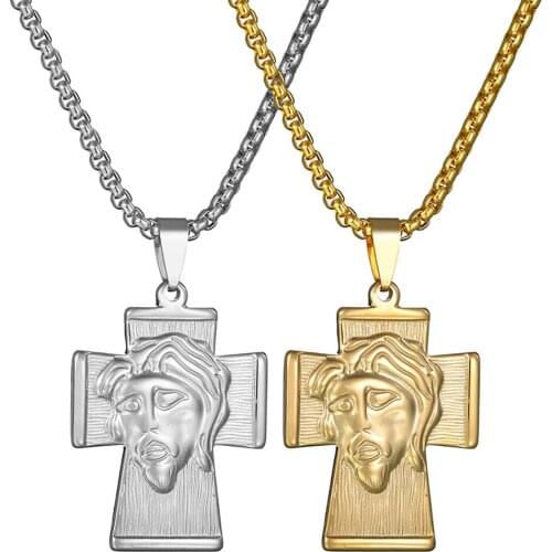 FINE4U N674 Vintage Crucifix Cross Pendant Christian Jewelry Face of Christ Jesus Necklace Power of Faith Jewelry