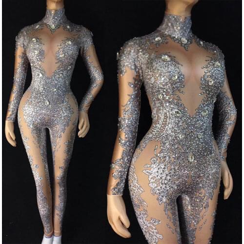 Long Sleeve Women Jumpsuits Shining Rhinestones Stretch Leotard Nightclub Pole Dancing Stage Wear Birthday Celebrate Costumes