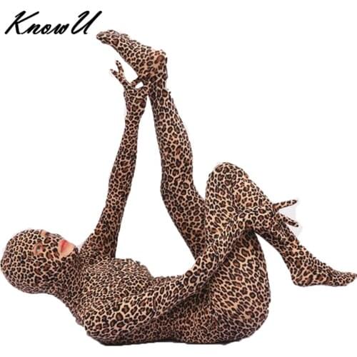 KnowU Sexy Leopard Women Bodysuit Zentai Suit Open Crotch Film Shooting Costume Cosplay Clothes Skin Suit Crossdress