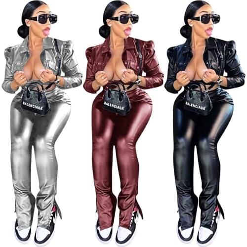 Echoine Autumn Winter Women PU Leather Two Pieces set Fashion Biker Short Jacket and Split stacked Pants Party joggers Outfits
