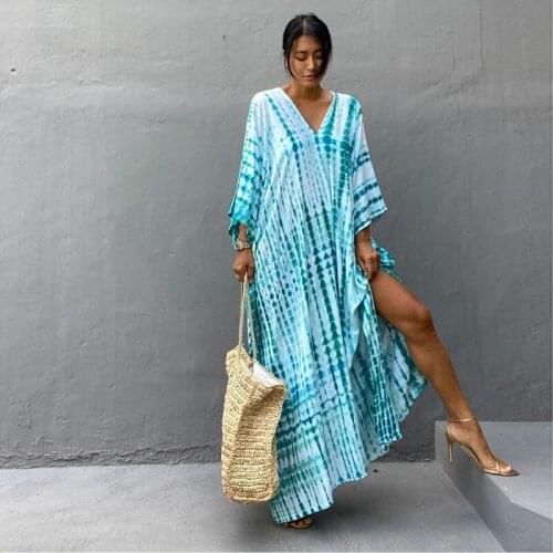 Beach Robe 2021 Long Dress Plage Polyester Halo Dyeing Printing V-neck Smock Ankle Dress Beachwear Sexy Women Dress