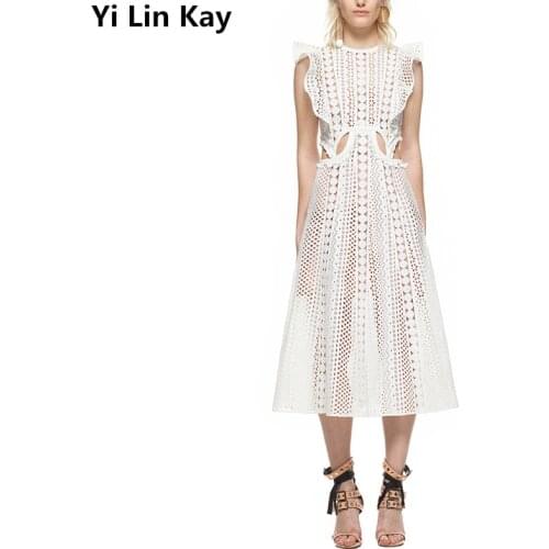 High Quality Self Portrait Runway Dress 2019 Women Summer Embroidery Lace Boho Dress High Waist Sleeveless Bohemian Beach Dress