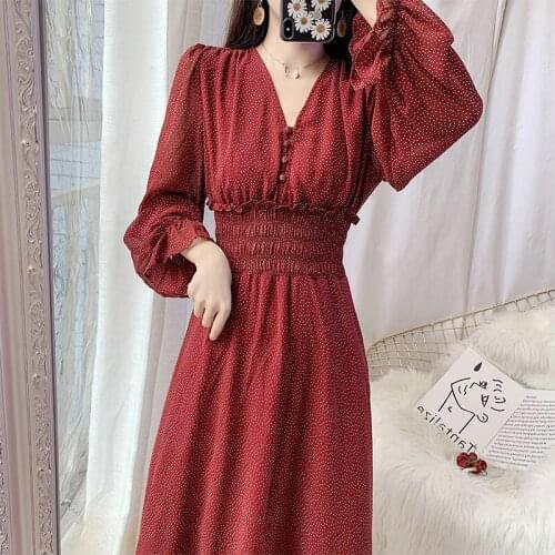 Bella Philo sophy 2020 Spring Women printed Ruffles Dress Lady V-neck Long Sleeve chiffon Dress Female High Waist A-line