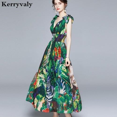 Green Jungle Chiffon Printed Summer Maxi Dress Robe Femme T 2021 V-neck Strap Elastic Waist Elegant Long Dress K299