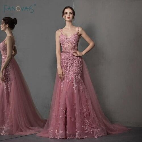 New Mermaid Evening Dress 2019 Straps Applique Lace Evening Gown Beaded Removable Train Formal Party Gown Vestido de Fiesta NE76