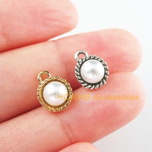 20Pcs Gold Tibetan Silver Tone Round White Acrylic Beads Charms Pendants 8.5x11mm