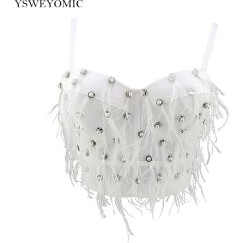 2020 Winter Sexy Camisole Women Costume Strap Crop Tops Luxury Handwork Crystal Bra Bead Feathers Tassels Lingerie Club Bralette