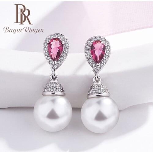 Begua Ringen 925 Sterling Silver drop earrings jewelry earrings with round pearl zircon ruby jewelry woman party gift wholesale
