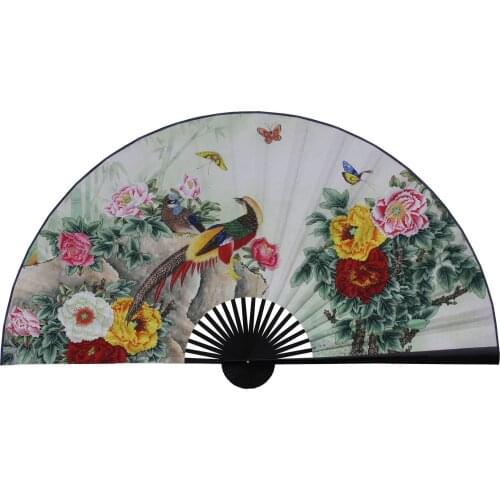 Large Folding Paper Fan Chinese Style Crafts Banboo Frame Background Decorative Fan Hanging Peony And Pheasant